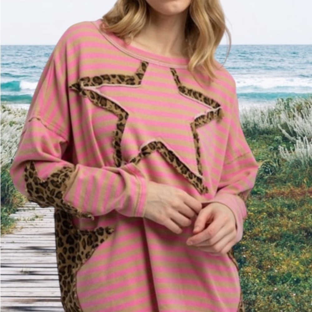 BlueVelvet Pink Striped Star Sweatshirt with Leopard Accents
